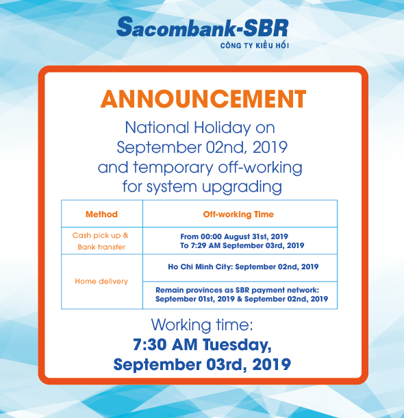 Thông báo nghỉ lễ 2/9 và tạm ngừng giao dịch để nâng cấp hệ thống Sacombank